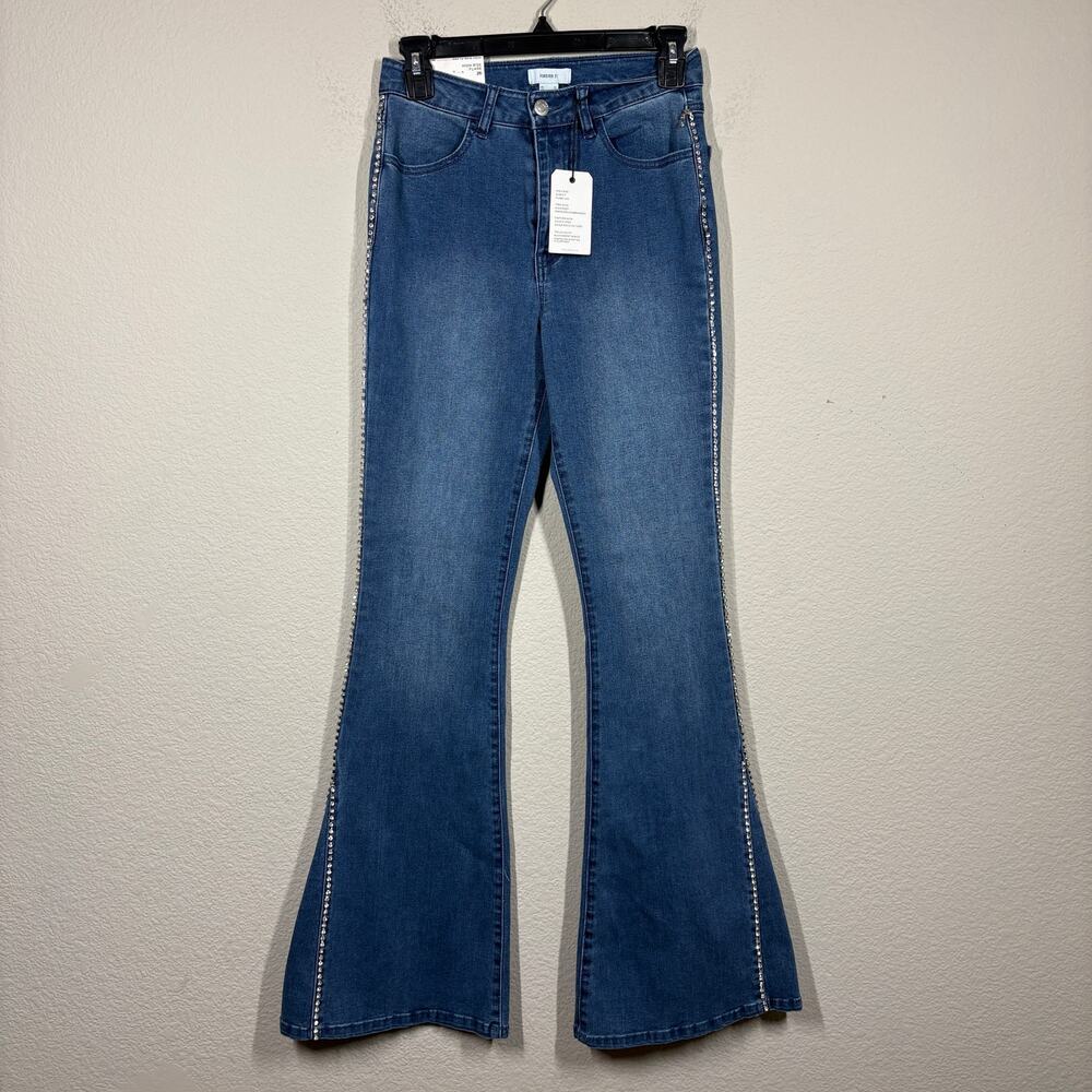 Forever 21 Womens 26 High Rise Flare Jeans Blue Washed Rhinestone Pockets